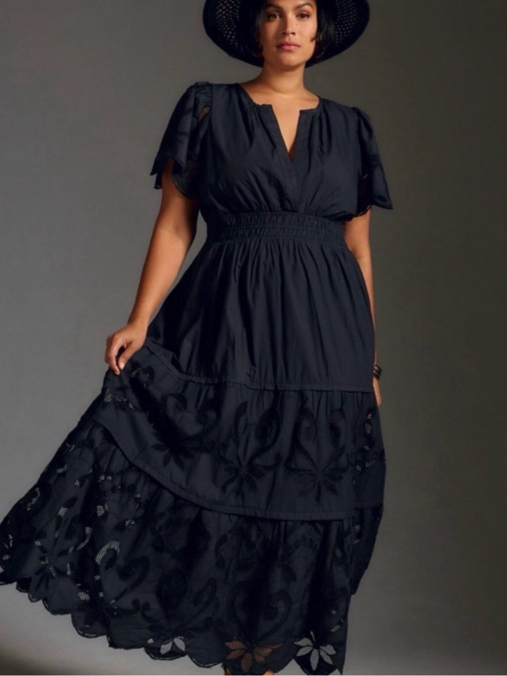 Anthropologie Somerset Black Tiered eyelet Maxi Dress